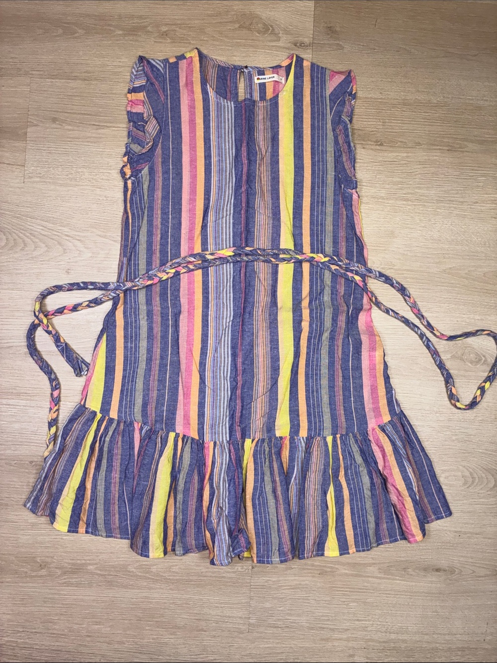 Marine Layer Multicolor Striped Ruffle Hem Dress with Braided Belt